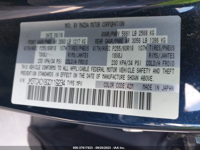 2016 MAZDA CX-9 TOURING VIN: JM3TCACY8G0119234
