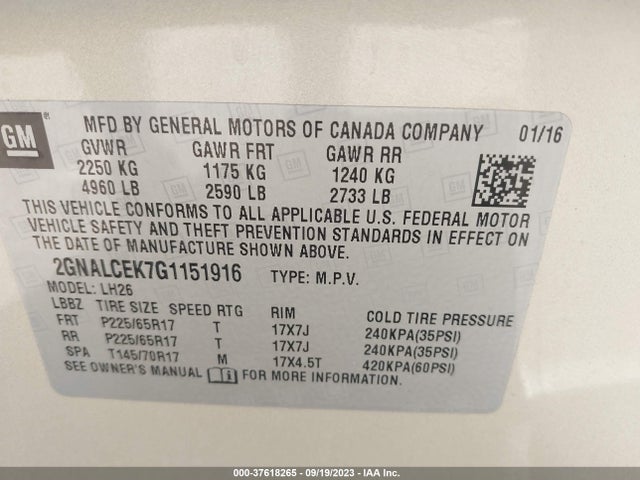 Chevrolet EQUINOX LT 2016 2GNALCEK7G1151916 Image 9