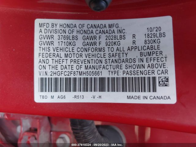 2HGFC2F87MH505661 Honda Civic Sedan Sport