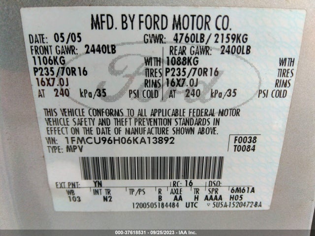 2006 FORD ESCAPE HYBRID VIN: 1FMCU96H06KA13892