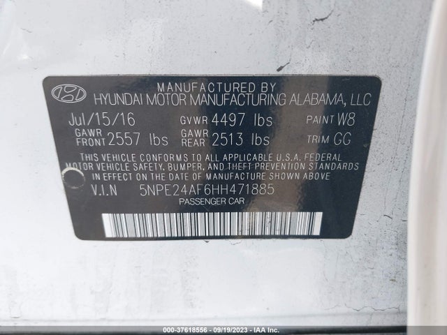 2017 HYUNDAI SONATA SE VIN: 5NPE24AF6HH471885