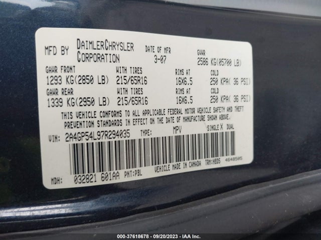 2007 CHRYSLER TOWN & COUNTRY LWB TOURING VIN: 2A4GP54L97R294035