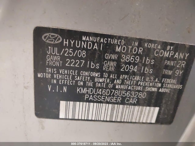 2008 HYUNDAI ELANTRA GLS/SE VIN: KMHDU46D78U563280