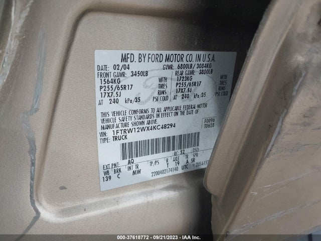 2004 FORD F-150 XLT VIN: 1FTRW12WX4KC48294