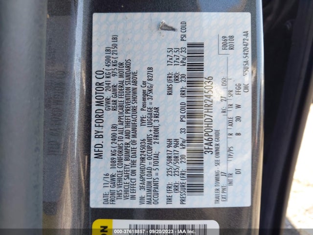2017 FORD FUSION SE VIN: 3FA6P0HD7HR245036