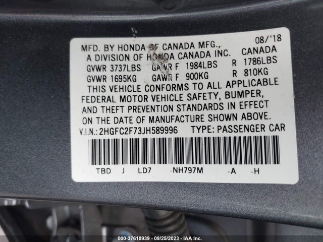Honda Civic Sedan Ex 2018 2HGFC2F73JH589996 Image 9