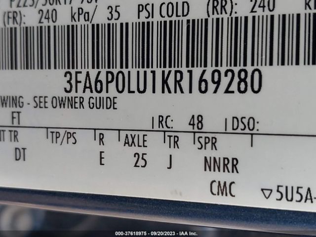 3FA6P0LU1KR169280 Ford Fusion Hybrid Se