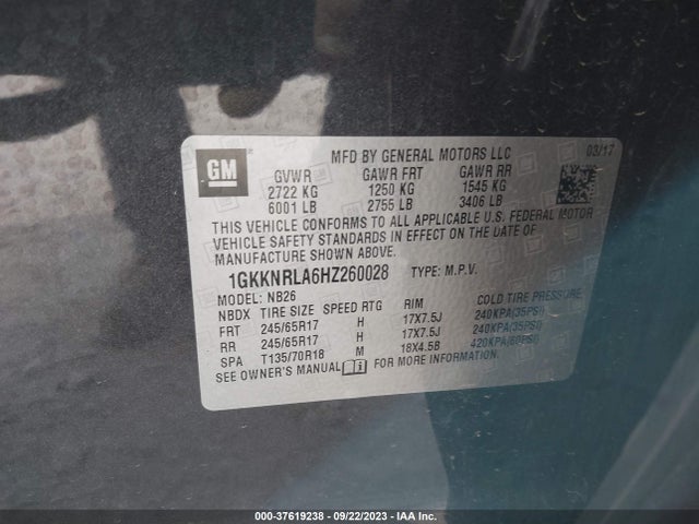 GMC ACADIA SLE 2017 1GKKNRLA6HZ260028 Image 9