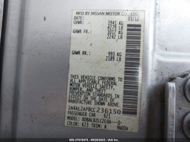2012 NISSAN ALTIMA 2.5 S VIN: 1N4AL2AP8CC236150