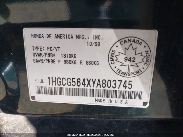 2000 HONDA ACCORD SDN LX VIN: 1HGCG564XYA803745