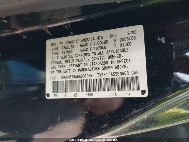 2006 HONDA ACCORD CPE EX-L V6 VIN: 1HGCM82646A001089