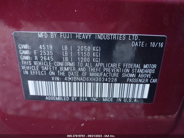 2017 SUBARU LEGACY PREMIUM VIN: 4S3BNAD6XH3034228