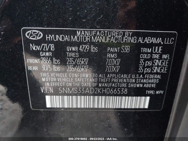 2019 HYUNDAI SANTA FE SEL VIN: 5NMS33AD2KH066538