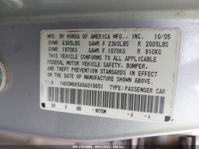 2006 HONDA ACCORD 3.0 EX VIN: 1HGCM66546A016651
