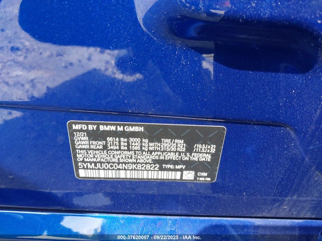 2022 BMW X5, VIN: 5YMJU0C04N9K82822