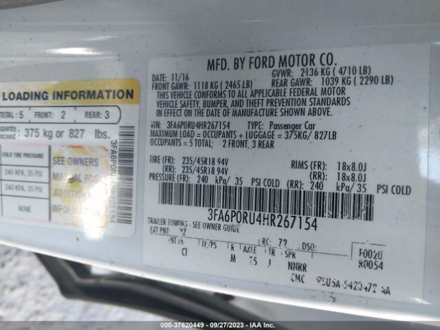 3FA6P0RU4HR267154 Ford FUSION HYBRID