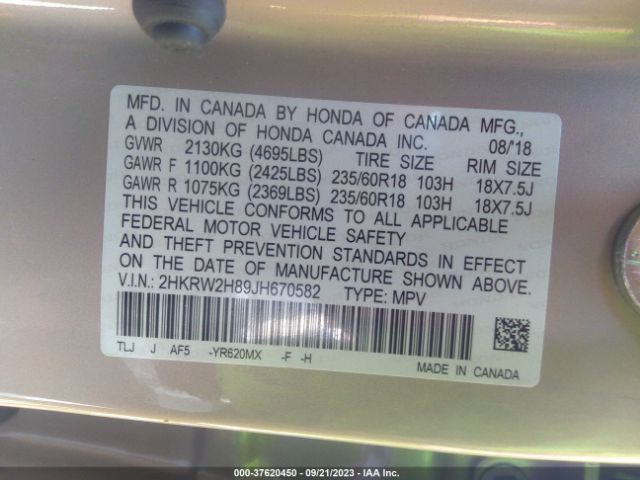 2HKRW2H89JH670582 Honda Cr-v Ex-l