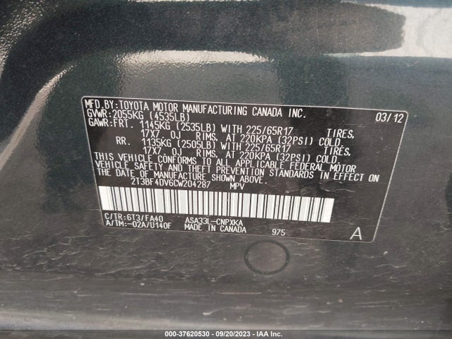 2012 TOYOTA RAV4 VIN: 2T3BF4DV6CW204287