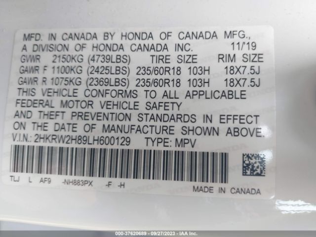 2HKRW2H89LH600129 Honda Cr-v Ex-l