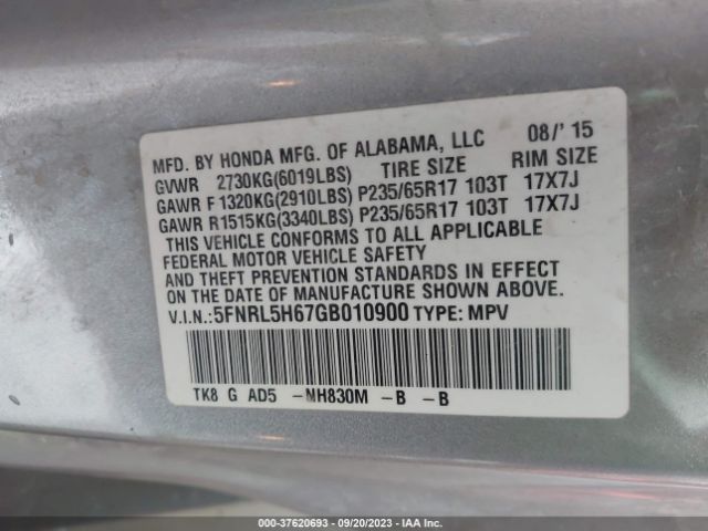 5FNRL5H67GB010900 Honda Odyssey Ex-l