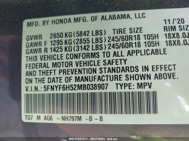 Honda Pilot Ex-l 2021 5FNYF6H52MB038907 Image 9