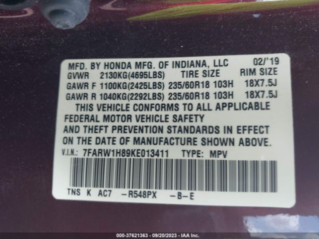 7FARW1H89KE013411 Honda Cr-v Ex-l