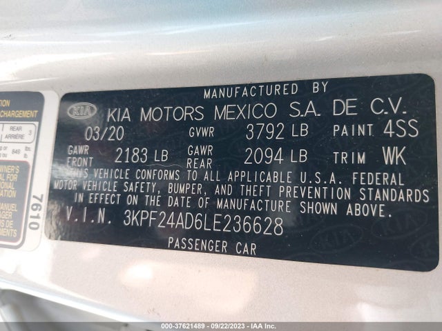 2020 KIA FORTE LXS VIN: 3KPF24AD6LE236628