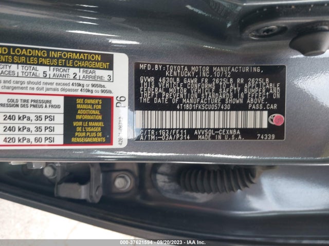 2012 TOYOTA CAMRY HYBRID XLE/LE VIN: 4T1BD1FK5CU057430