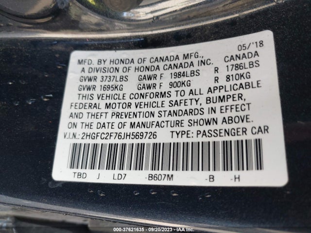 Honda CIVIC EX 2018 2HGFC2F76JH569726 Image 9