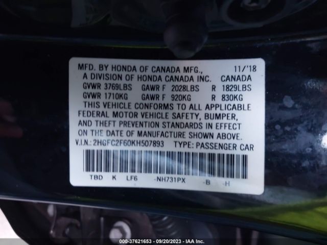 2HGFC2F60KH507893 Honda Civic Sedan Lx