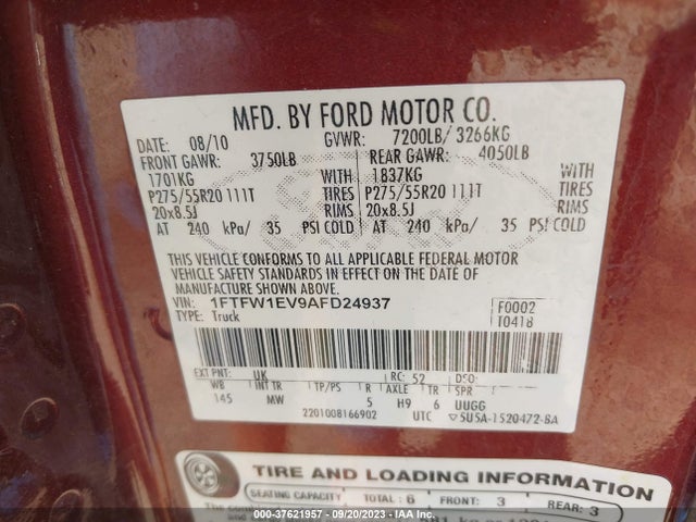 2010 FORD F-150 XL/XLT/FX4/LARIAT VIN: 1FTFW1EV9AFD24937