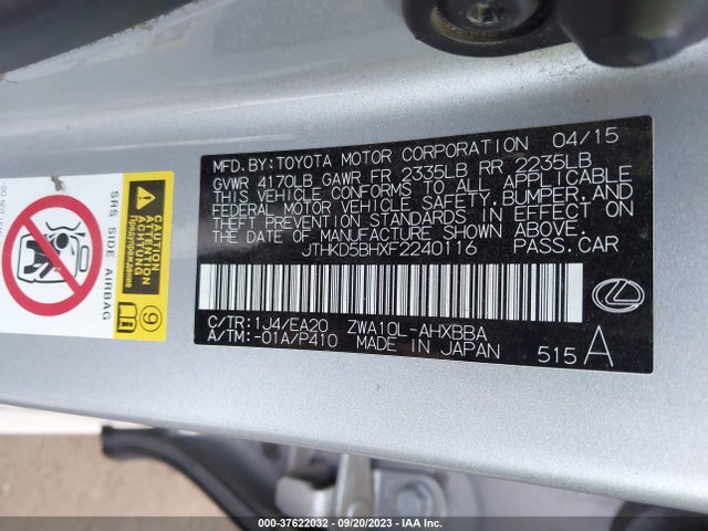 JTHKD5BHXF2240116 Lexus Ct 200h Hybrid