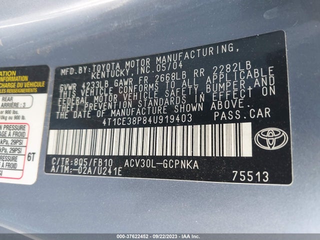 2004 TOYOTA CAMRY SOLARA SE VIN: 4T1CE38P84U919403