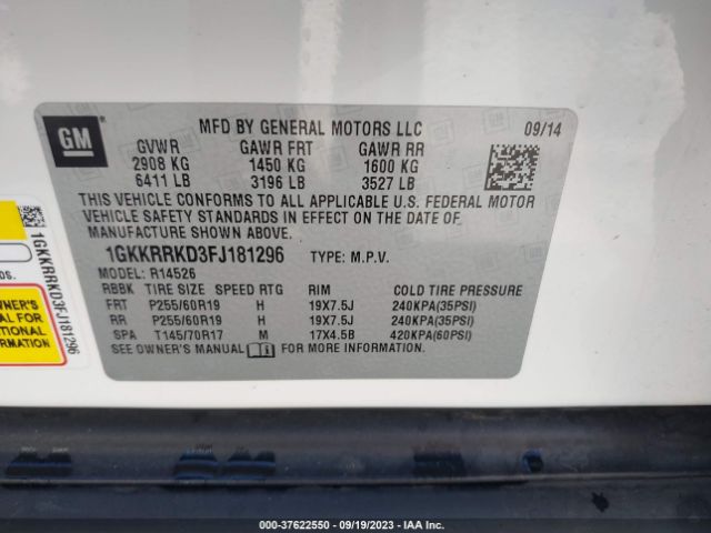 1GKKRRKD3FJ181296 GMC ACADIA SLT