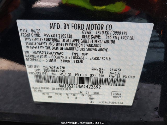 2021 FORD ECOSPORT S VIN: MAJ3S2FE4MC422692