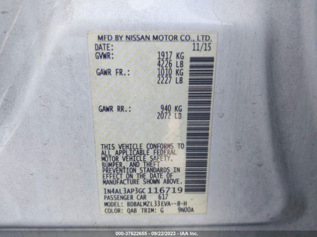 1N4AL3AP3GC116719 Nissan Altima 2.5 Sv