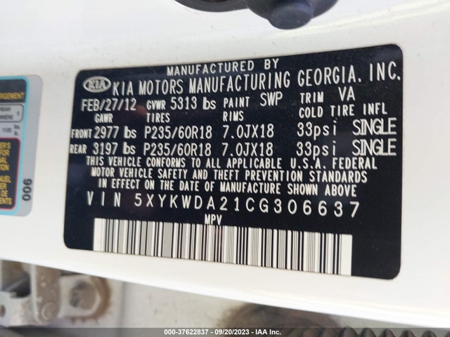 2012 KIA SORENTO SX VIN: 5XYKWDA21CG306637