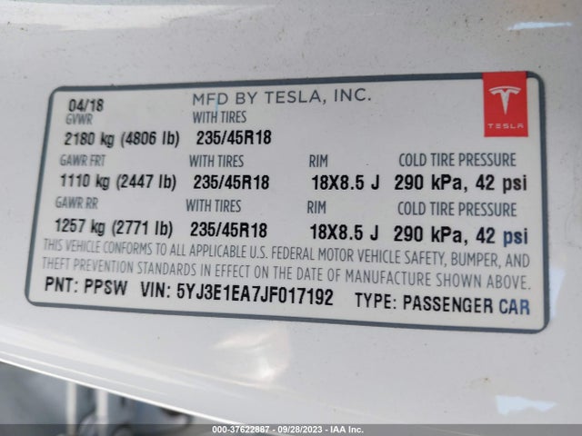 2018 Tesla 3, VIN: 5YJ3E1EA7JF017192