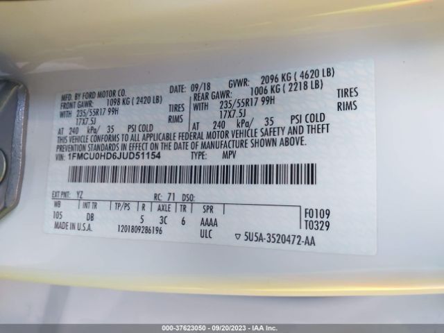 1FMCU0HD6JUD51154 Ford ESCAPE SEL