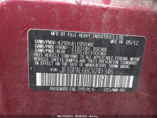 2012 SUBARU IMPREZA WAGON 2.0I SPORT PREMIUM VIN: JF1GPAL66CH241346