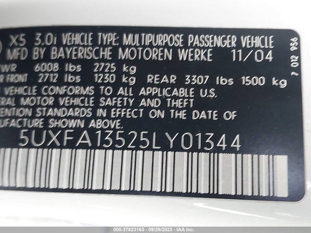 2005 BMW X5 3.0I VIN: 5UXFA13525LY01344