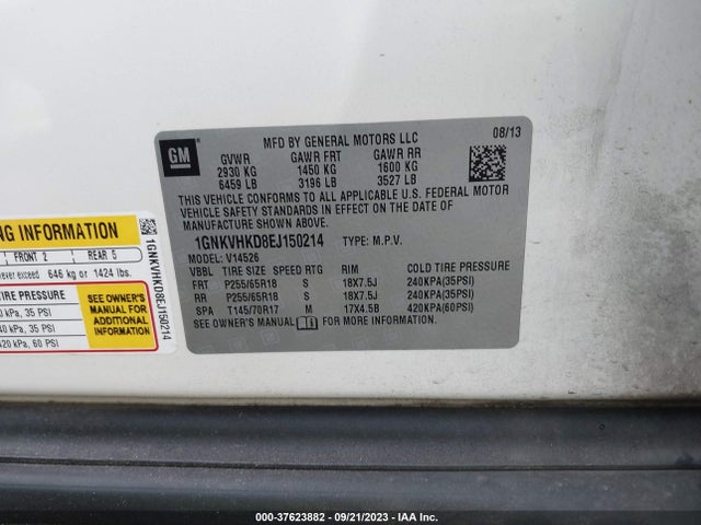 Chevrolet Traverse Lt 2014 1GNKVHKD8EJ150214 Image 9