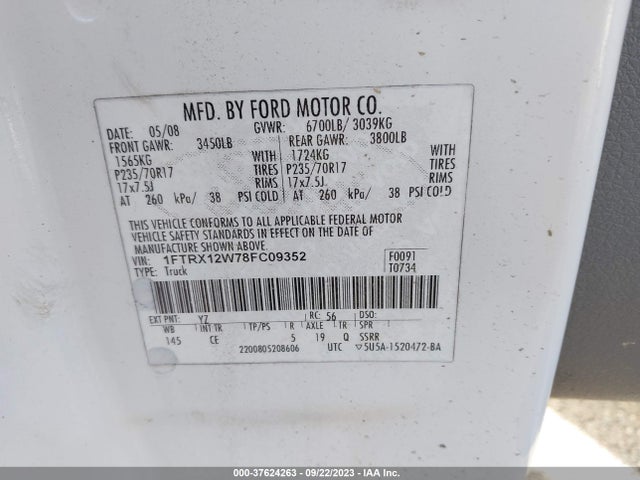 2008 FORD F-150 STX/XLT/FX2/XL VIN: 1FTRX12W78FC09352