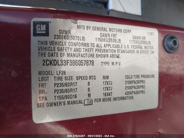 2008 PONTIAC TORRENT VIN: 2CKDL33F386057878