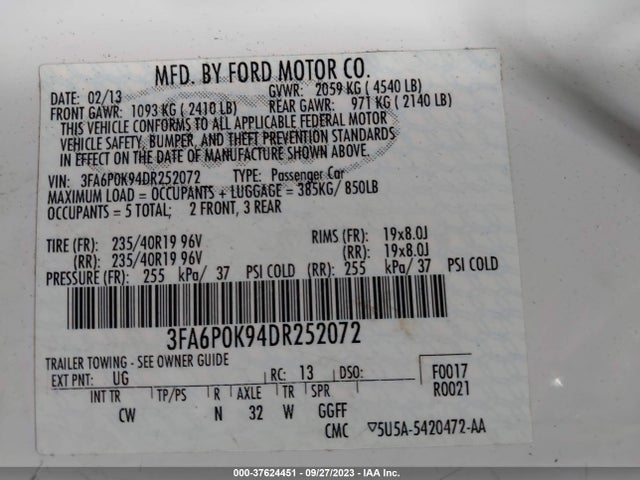 2013 FORD FUSION TITANIUM VIN: 3FA6P0K94DR252072