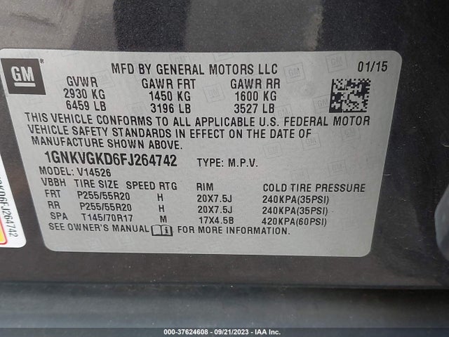 Chevrolet Traverse Lt 2015 1GNKVGKD6FJ264742 Image 9