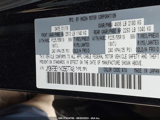 37624788 :رقم المزاد ، JM3KFBEY1K0567748 vin ، 2019 Mazda Cx-5 Signature مزاد بيع