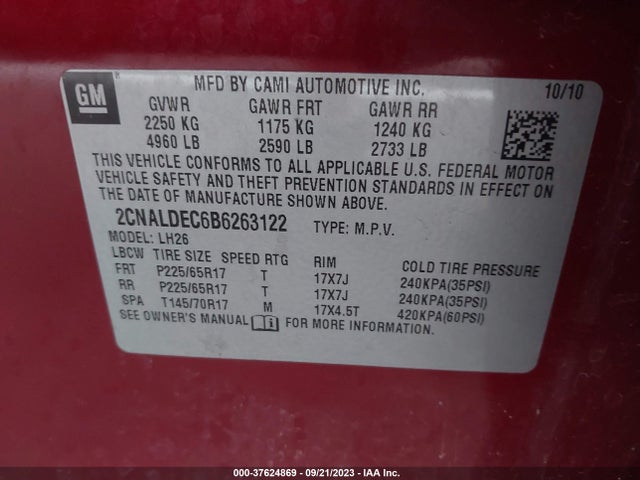 2011 CHEVROLET EQUINOX 1LT VIN: 2CNALDEC6B6263122
