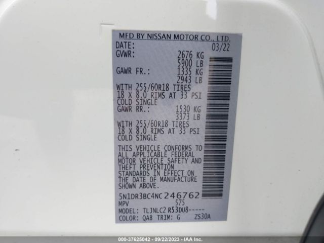 5N1DR3BC4NC246762 Nissan Pathfinder Sv