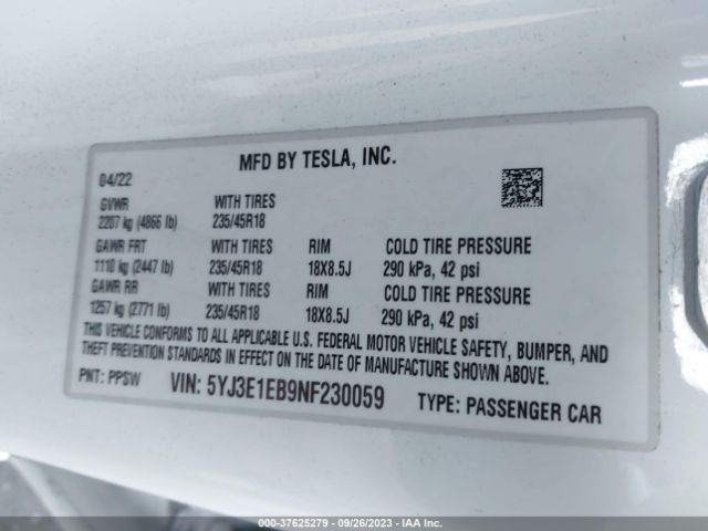 5YJ3E1EB9NF230059 Tesla Model 3 Long Range